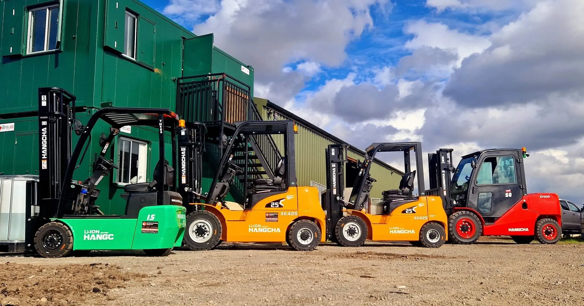 Four new Hangcha forklifts lined up outside the green site offices at the East Cowick yard